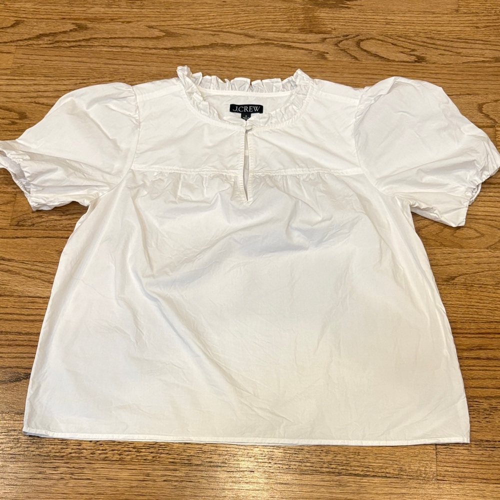 J. Crew White Ruffle-Neck Puff Sleeve Blouse
